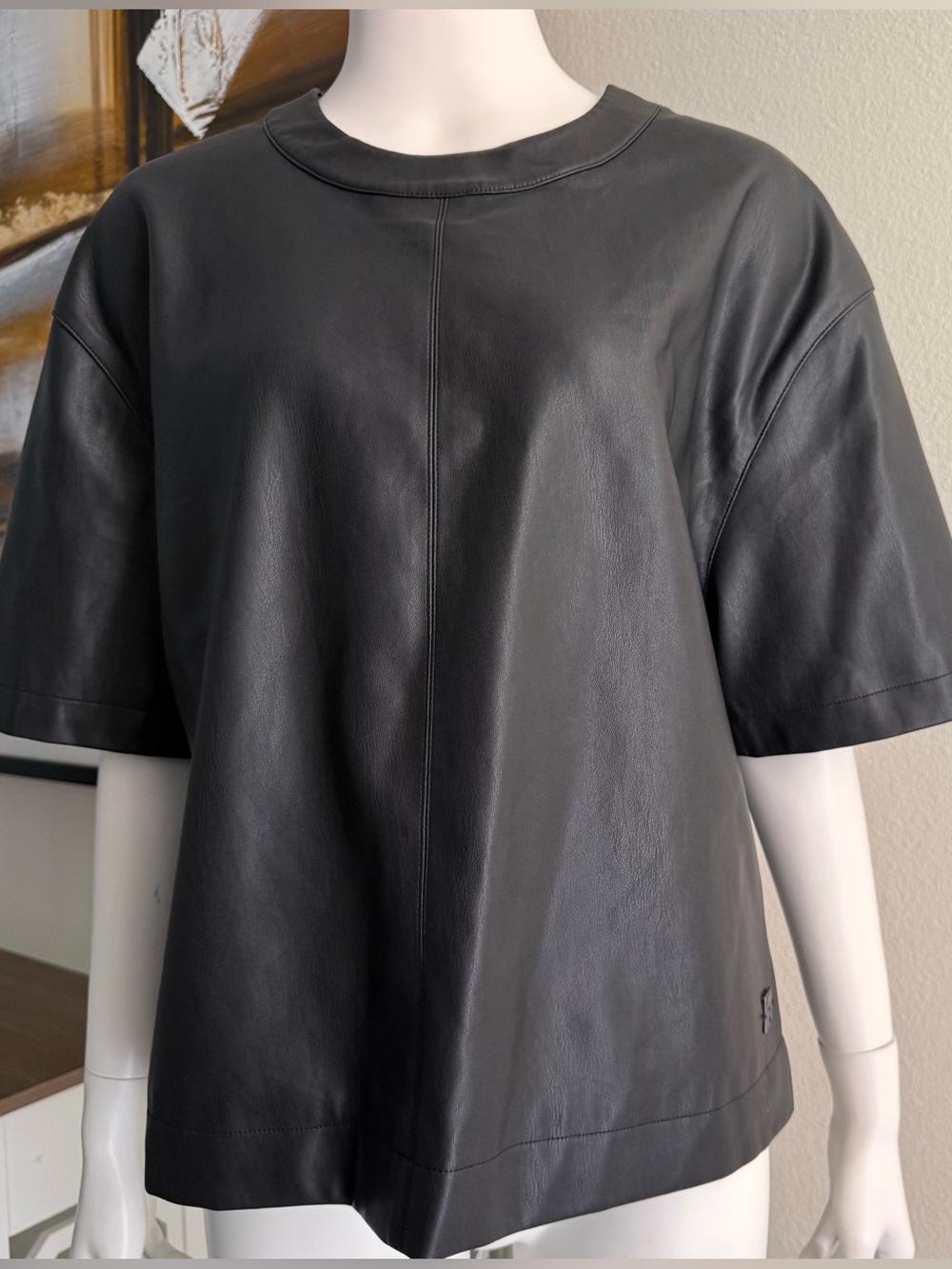 Calvin Klein Black Faux Leather Short Sleeve Crewneck Top